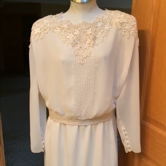 Vintage Ivory cream oversized floral lace collar church dress large - Picture 5 of 17